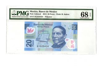 2013 20 Pesos Banco De Mexico Pmg 68 Epq B.  Juarez Banknote Gem