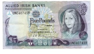 Norhtern Ireland Allied Irish Banks 5 Pound Vf/xf Banknote (1987) P - 6a Prefix Un