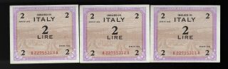 3 Ea Consec 1943 Italy 2 Lire Allied Military Currency Note,  Pick M11b Aunc