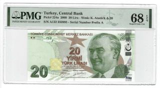 P - 224a 2009 20 Lira,  Turkey Central Bank,  Pmg 68epq Gem,
