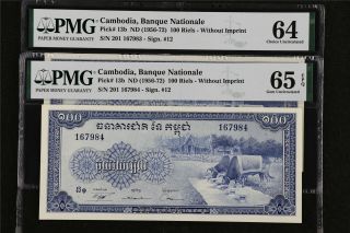 1956 - 72 Cambodia Banque Nationale 100 Riels Pick 13b Pmg 65 Epq / 64 Unc