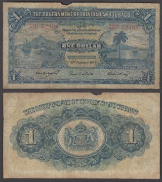 (b22) Trinidad & Tobago 1 Dollar 1939 (vg) Banknote P - 5b