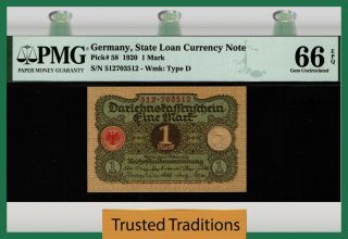 Tt Pk 58 1920 Germany State Loan Currency 1 Mark Pmg 66 Epq Gem Century Old