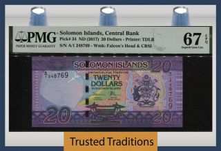Tt Pk 34 2017 Solomon Islands Central Bank 20 Dollars Pmg 67 Epq Only One Finer