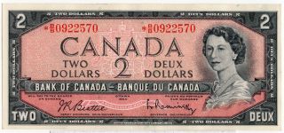 Bank Of Canada 1954 $2 Two Dollars Replacement Note B/b Asterisk Ef,