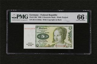 1980 Germany - Federal Republic 5 Deutsche Mark Pick 30b Pmg 66 Epq Gem Unc
