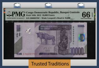 Tt Pk 103b 2013 Congo Dem Rep 10000 Francs Buffalos & Bird Pmg 66 Epq Gem Unc