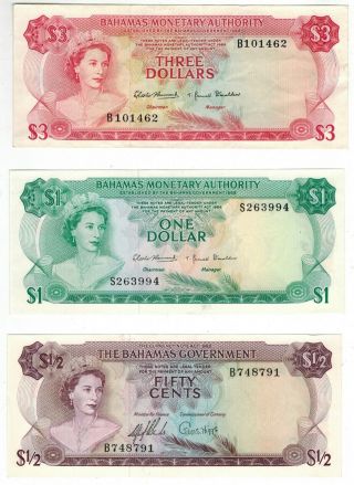 Bahamas 1965 $1/2,  1968 $1 & $3 Currency Notes P17a,  P27a,  P28a