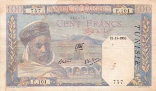 Banque Algeria And Tunisia 100 Francs 1939 P - 13 Af Dar Hassan Pacha