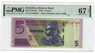 P - Unl 2019 5 Dollars,  Zimbabwe,  Reserve Bank,  Pmg 67epq Gem