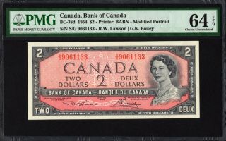 1954 Bank Of Canada $2 Banknote,  Pmg Unc - 64 Epq