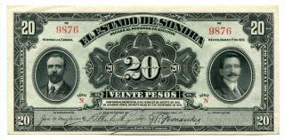 20 Pesos Mexico 1915 El Estado De Sonora Series N Pick S1074r Au - Cu Avenuecoin