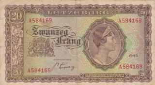 20 Francs Fine Banknote From German Occupied Luxembourg 1943 Pick - 42a
