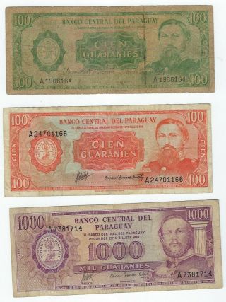 Paraguay P - 198,  199b,  201b 100,  1000 Guaranies L.  1952 Circulated 3 Notes