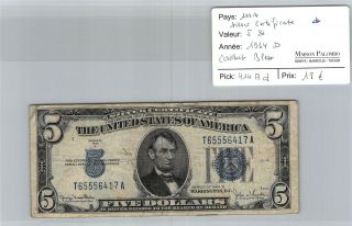 Billet Usa - Silver Certificate - 5 Dollars 1934 D - Cachet Bleu