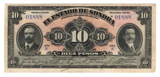El Estado De Sonora Mexico 10 Pesos Axf Banknote (1913) P - M3823 Series E 01888