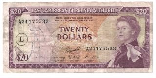 Eastern Caribbean $20 Dollars Vf Banknote (1965) P - 15l Prefix A24 St Lucia