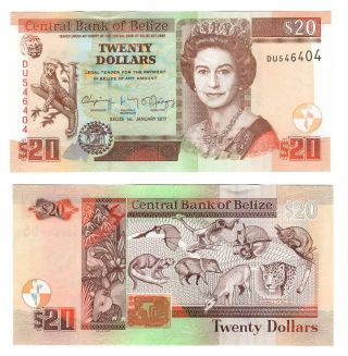 Belize Unc $20 Dollars Banknote (2017) P - 69f Queen Elizabeth Ii Paper Money