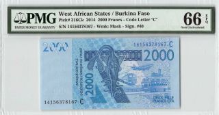 West African States / Burkina Faso 2014 P - 316ck Pmg Gem Unc 66 Epq 2000 Francs
