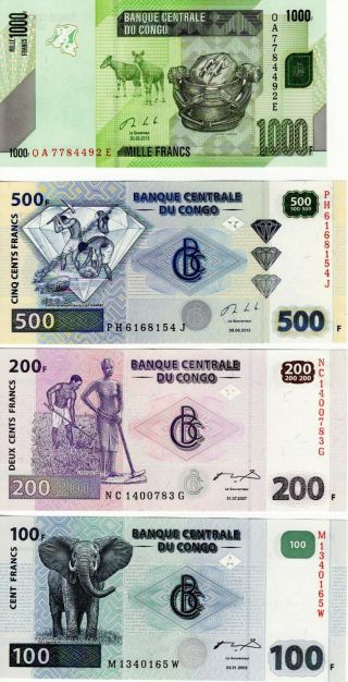 Congo 1000 500 200 100 50 20 10 Francs 50 20 10 5 1 Cents 12 X Notes Unc