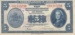 5 Gulden Very Fine Banknote From Netherlands Guinea 1943 With Stamp