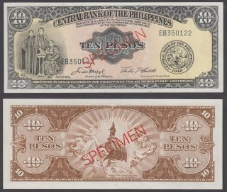 (b19) Philippines 10 Pesos Nd 1949 Unc Specimen Banknote P - 136s