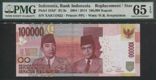 Tt Pk 153d 2004/ 2014 Indonesia 100,  000 Rupiah Replacement Star Pmg 65 Epq Gem