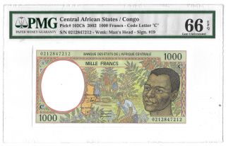 66pmg 1000 Francs 2002 Central African States / Congo Banknote C 102ch Top Pop