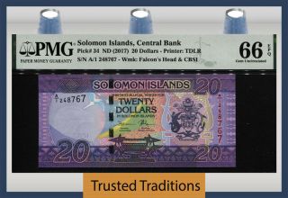 Tt Pk 34 2017 Solomon Islands 20 Dollars Beautifuly Designed Pmg 66 Epq Gem Unc.