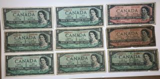 9 Canadian Bills 1954 - Seven $1 And Two $2