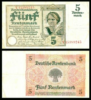 Germany 5 Rentenmark 1926 - Fine Pick 169 Bank Note