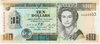 Belize 10 Dollars Banknote 1.  3.  1996 Extra Fine Pick 59