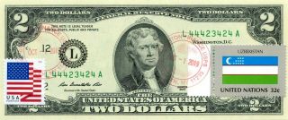 $2 Dollars 2013 Stamp Cancel Flag Of Un From Uzbekistan Lucky Money $125