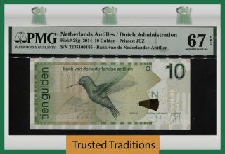 Tt Pk 28g 2014 Netherlands Antilles 10 Gulden Bird Pmg 67 Epq Gem Unc