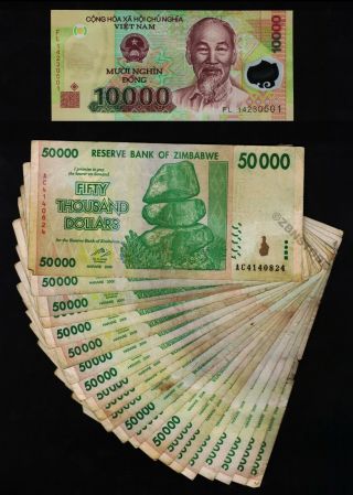 20 X 50,  000 Zimbabwe Dollars [1 Million],  10,  000 Vietnam Dong Polymer Bank Note