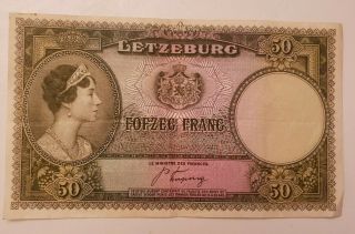 1944 Luxembourg 50 Francs Note - Rare - Prefix C - Very Fine Crisp Note