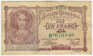 Societe Generale De Belgique 9.  10.  1917 1 Franc (pick 86b) Xf