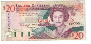 Eastern Caribbean $20 Dollars Vf Banknote (1994) P - 33l Prefix F St Lucia Qeii