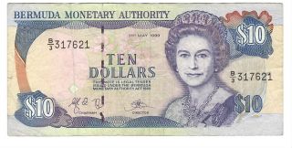 Bermuda $10 Dollars Vf Banknote (1999) P - 42d Prefix B/3 Queen Elizabeth Ii