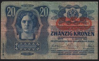 1913 Austria 20 Kronen 1919 Overprint Vintage Paper Money Banknote Currency F