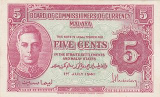 5 Cents Extra Fine Crispy Banknote From British Colony Of Malaya 1941 Pick - 7