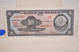 1965 Mexico 10 Pesos Tehuana Unc Note Serie Baw Radar Serial Number 021120