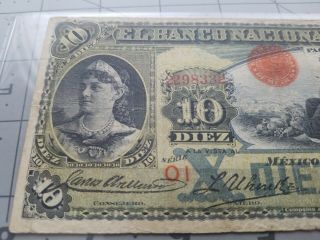 El Banco Nacional De Mexico Paper Money 10 Pesos 1912 Bank Note