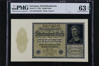 1922 Germany Reichsbanknote 10000 Mark Pick 72 Pmg 63 Epq Choice Unc