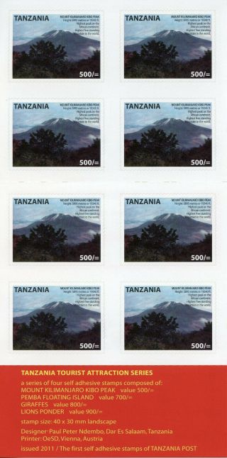 Tanzania Tourism Stamps 2011 Mnh Mount Kilimanjaro Mountains 8v S/a Booklet