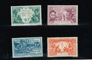 Ivory Coast 1931 & 1937 Set & Souvenir Sheet Sc 92 - 95 & 158 Vfmh