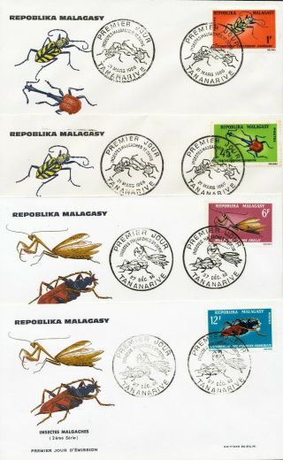 Madagascar - 4 Fdc Officielles - Insectes Malgaches - 21/3/1966 Et 27/12/1966