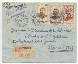 Madagascar 1949 Registered Airmail Cover Betroka To France,  Scott 276a,  283,  285