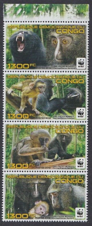 Dr Congo Wwf Owl - Faced Monkey Vert Strip Of 4v Mnh