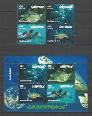 Niger 1998 Sc 976,  976e Greenpeace - Turtles Mnh Block Of 4 & S/s Set $25.  00